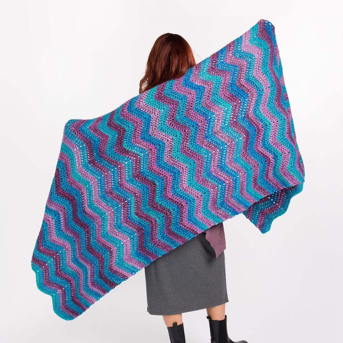 Wrap Me In Ripples Crochet Wrap made using Caron yarn