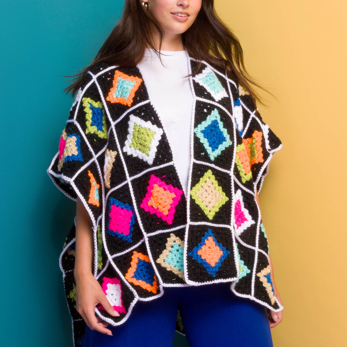 Crochet Diamond Tile Motifs Ruana made using Caron yarn