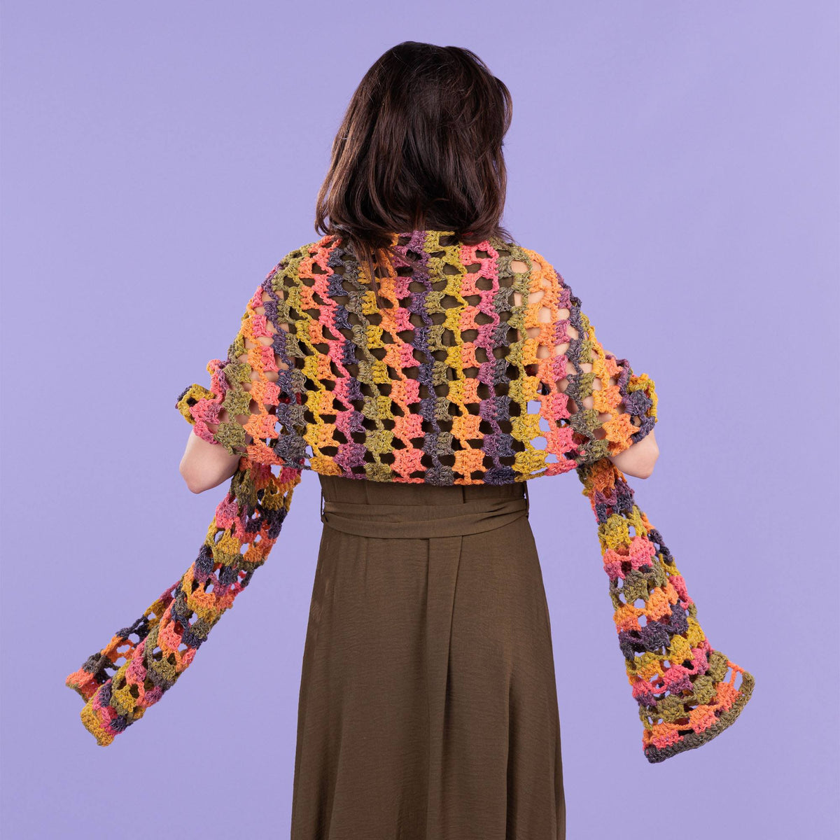 Checkerboard Filet Crochet Shawl made using Caron yarn