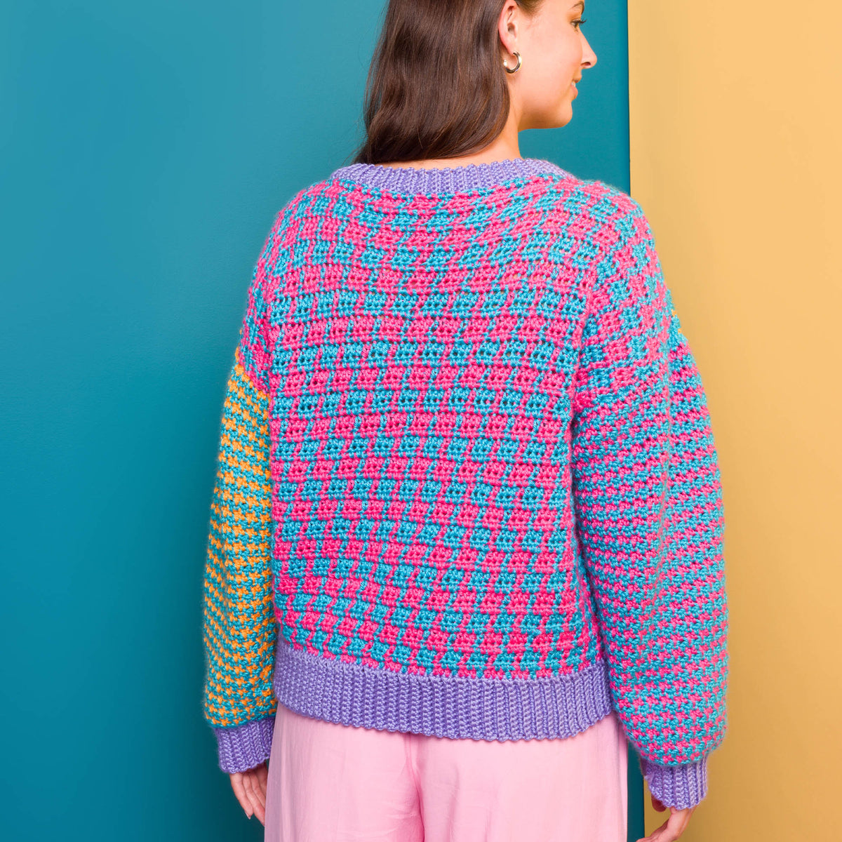 Mixed Houndstooth Crochet Cardigan made using Caron yarn