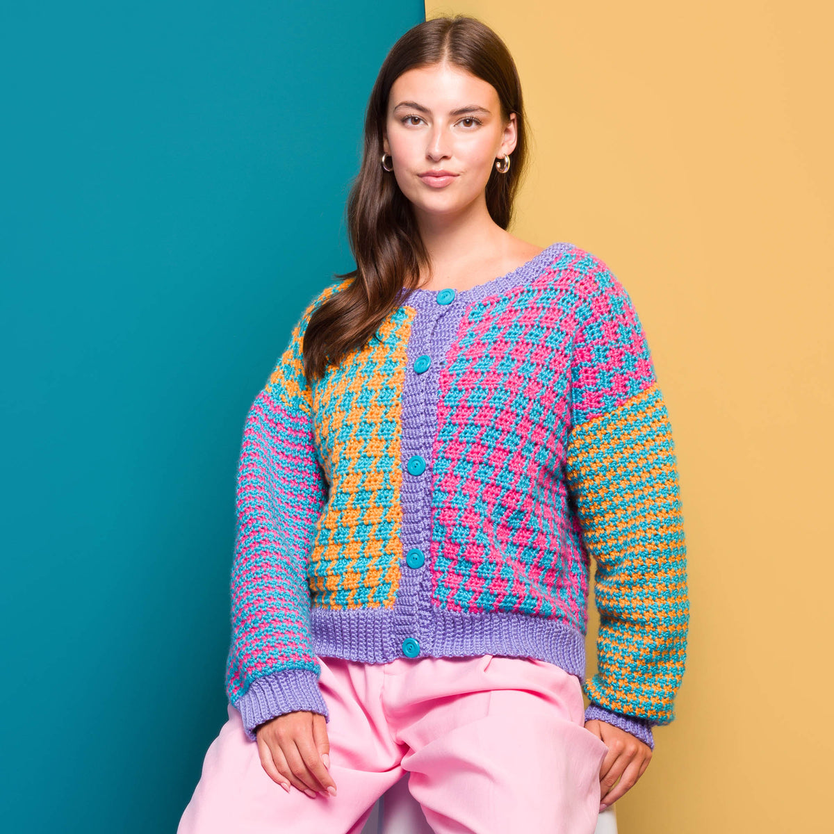Mixed Houndstooth Crochet Cardigan made using Caron yarn