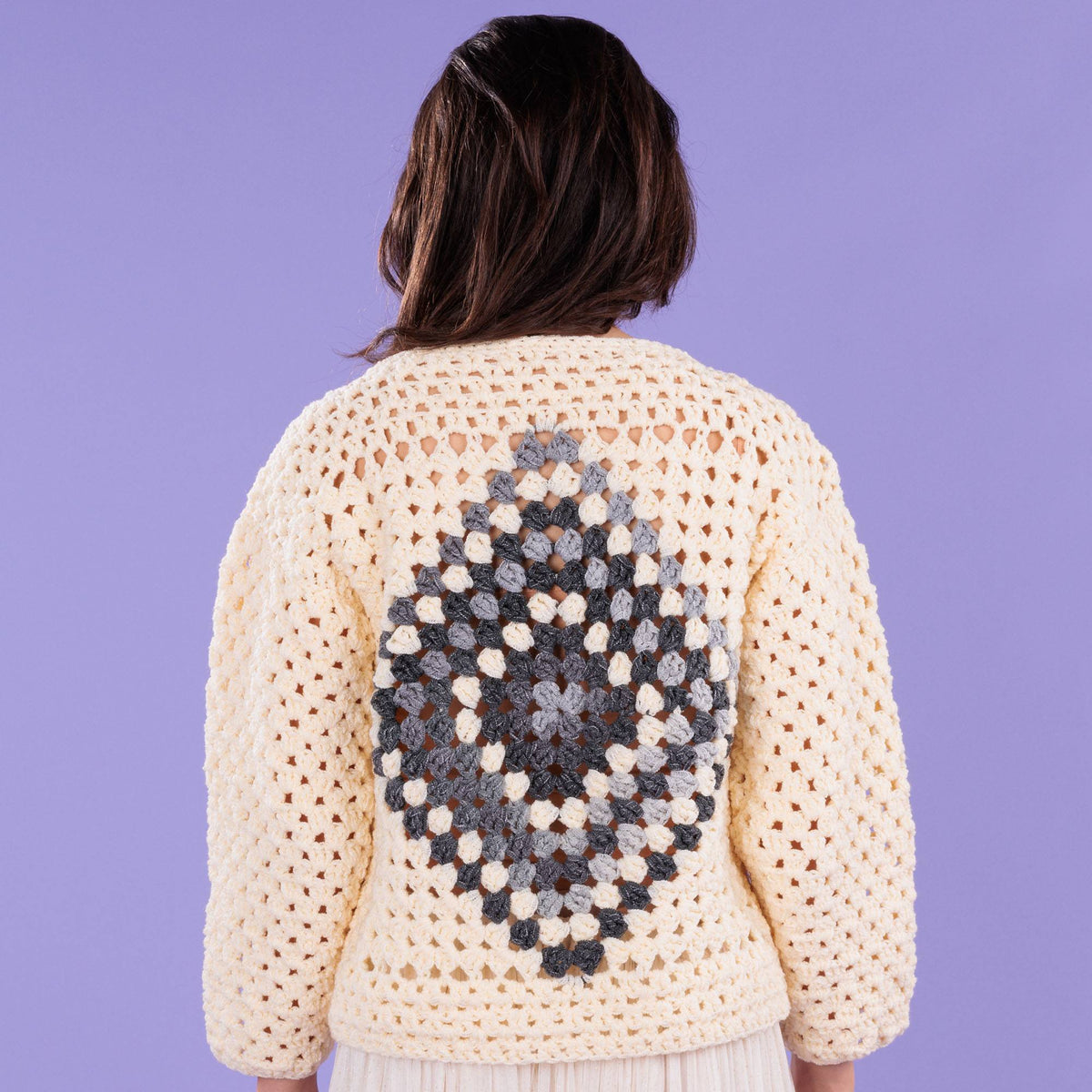 Crochet Granny Square Sweater made using Caron yarn