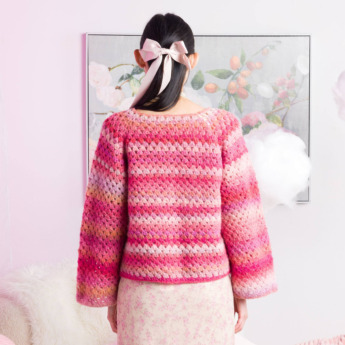 Granny Stripes Top-Down Crochet Pullover made using Caron yarn