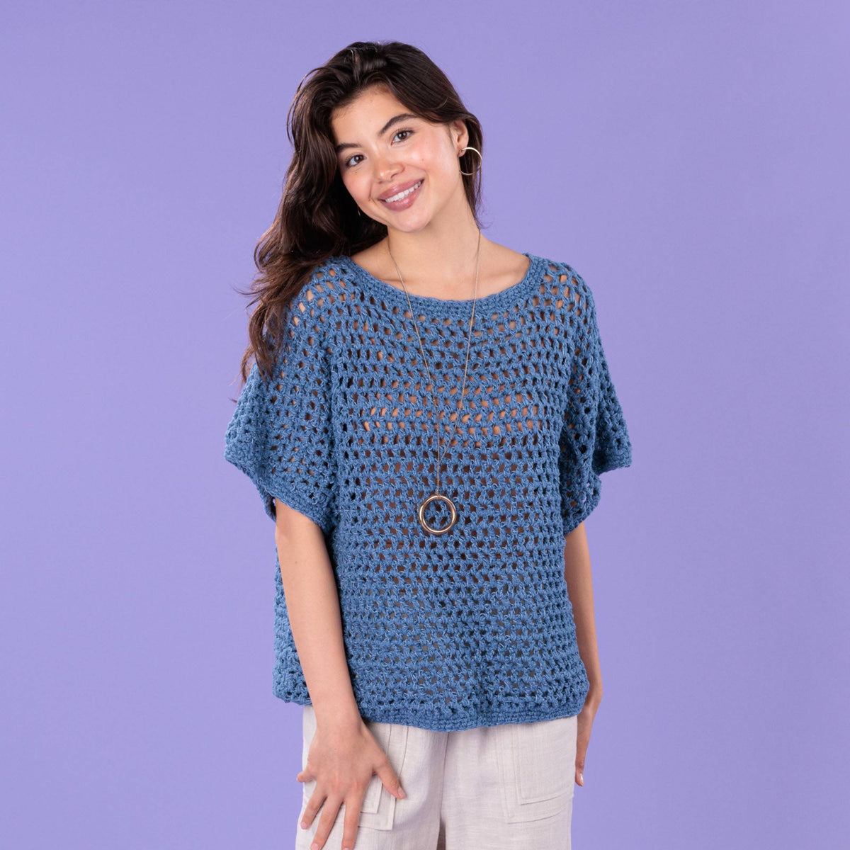 Crochet Mesh-Tastic Tee made using Caron yarn