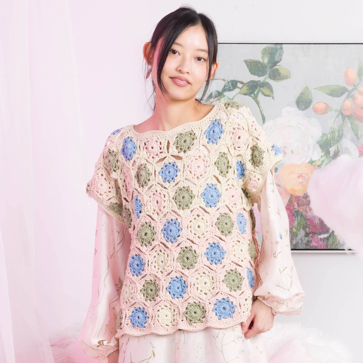 Crochet Floral Motif Tee made using Caron yarn