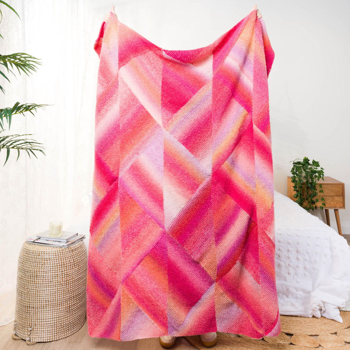 Patchwork Triangles Knit Blanket made using Caron yarn