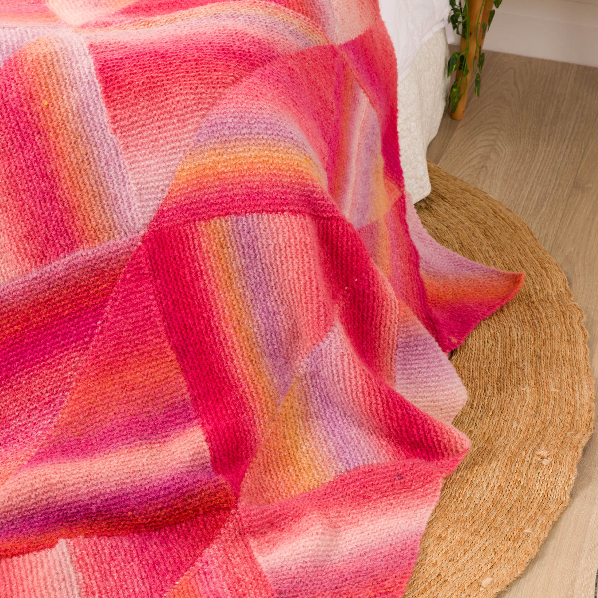 Patchwork Triangles Knit Blanket made using Caron yarn
