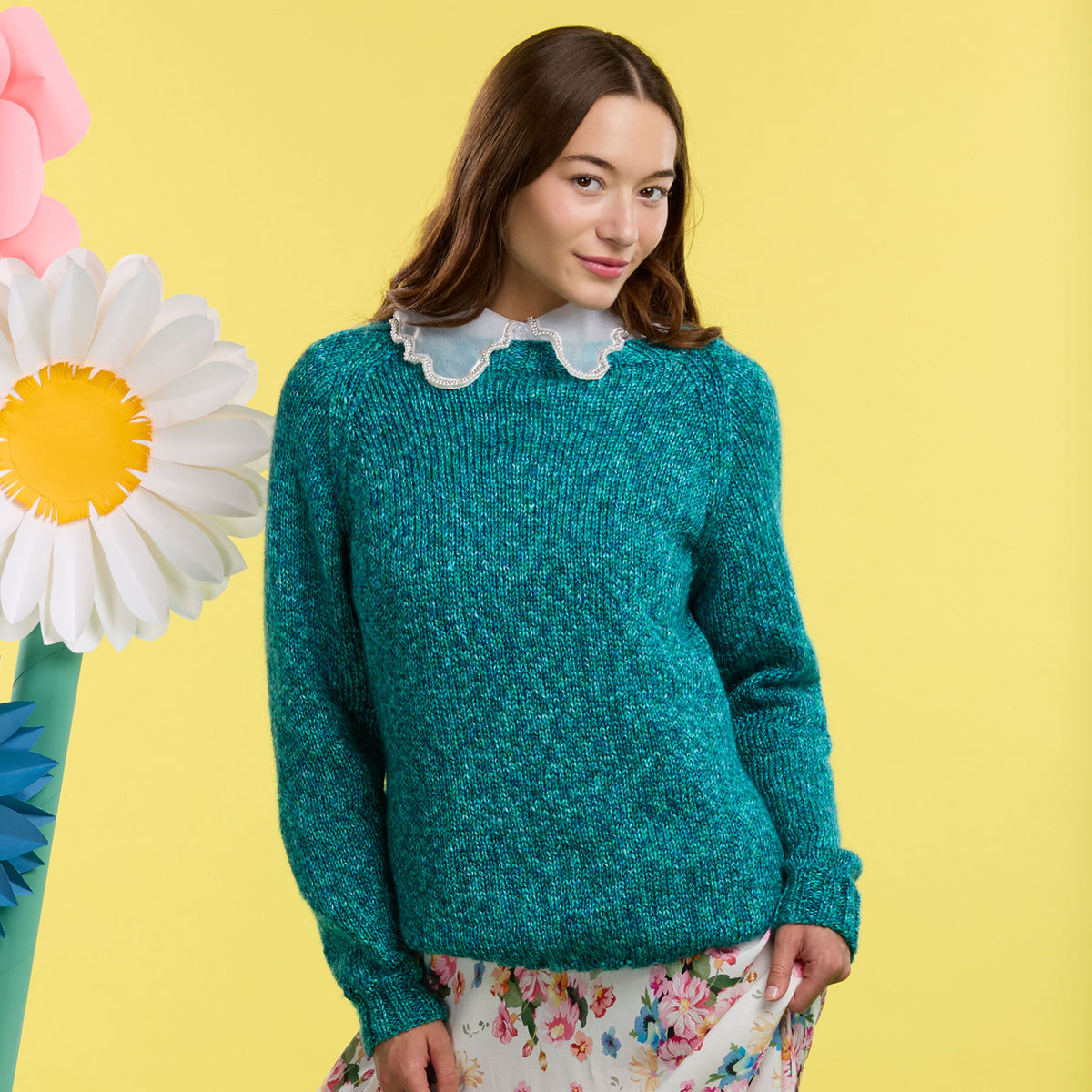 For Keeps Knit Sweater made using Caron yarn in a styled lifestyle setting