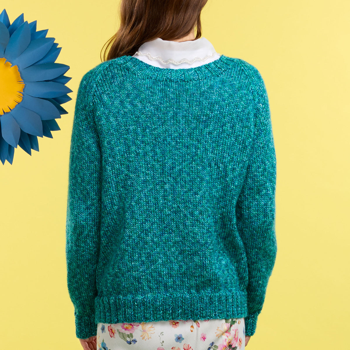 For Keeps Knit Sweater made using Caron yarn in a styled lifestyle setting