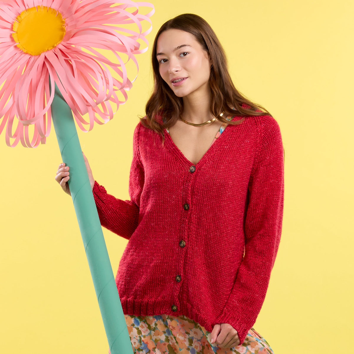 Good Neighbour Knit Cardigan made using Caron yarn in a styled lifestyle setting