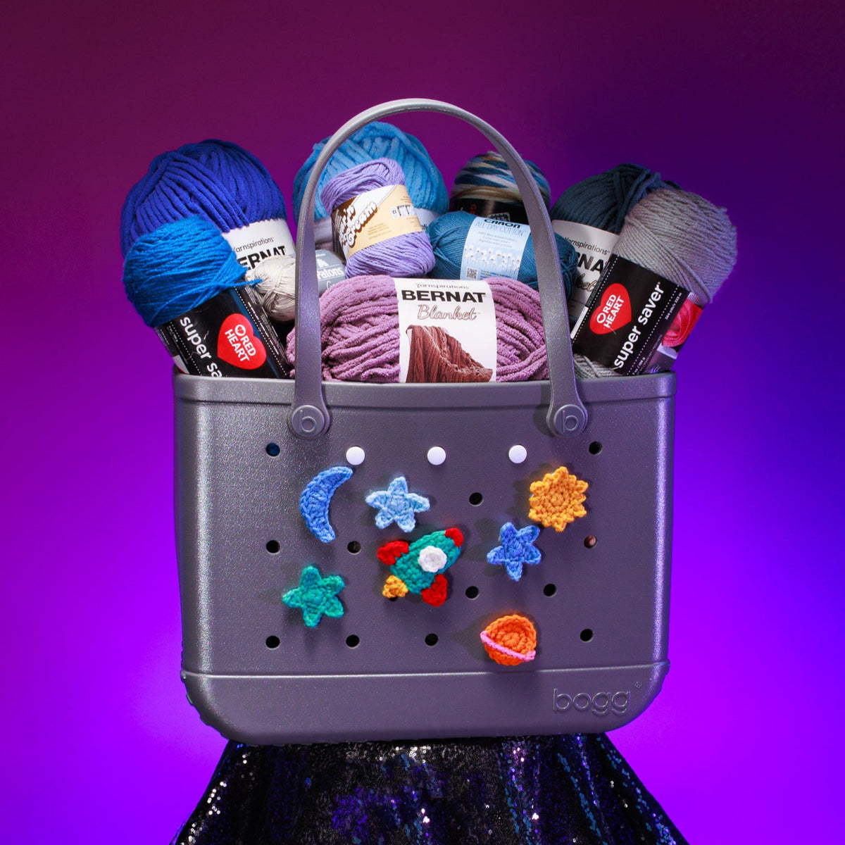 Galaxy Bag Charms made using Red Heart yarn
