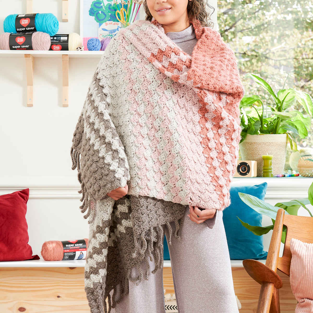 Softly Striped Crochet Wrap made using Red Heart yarn