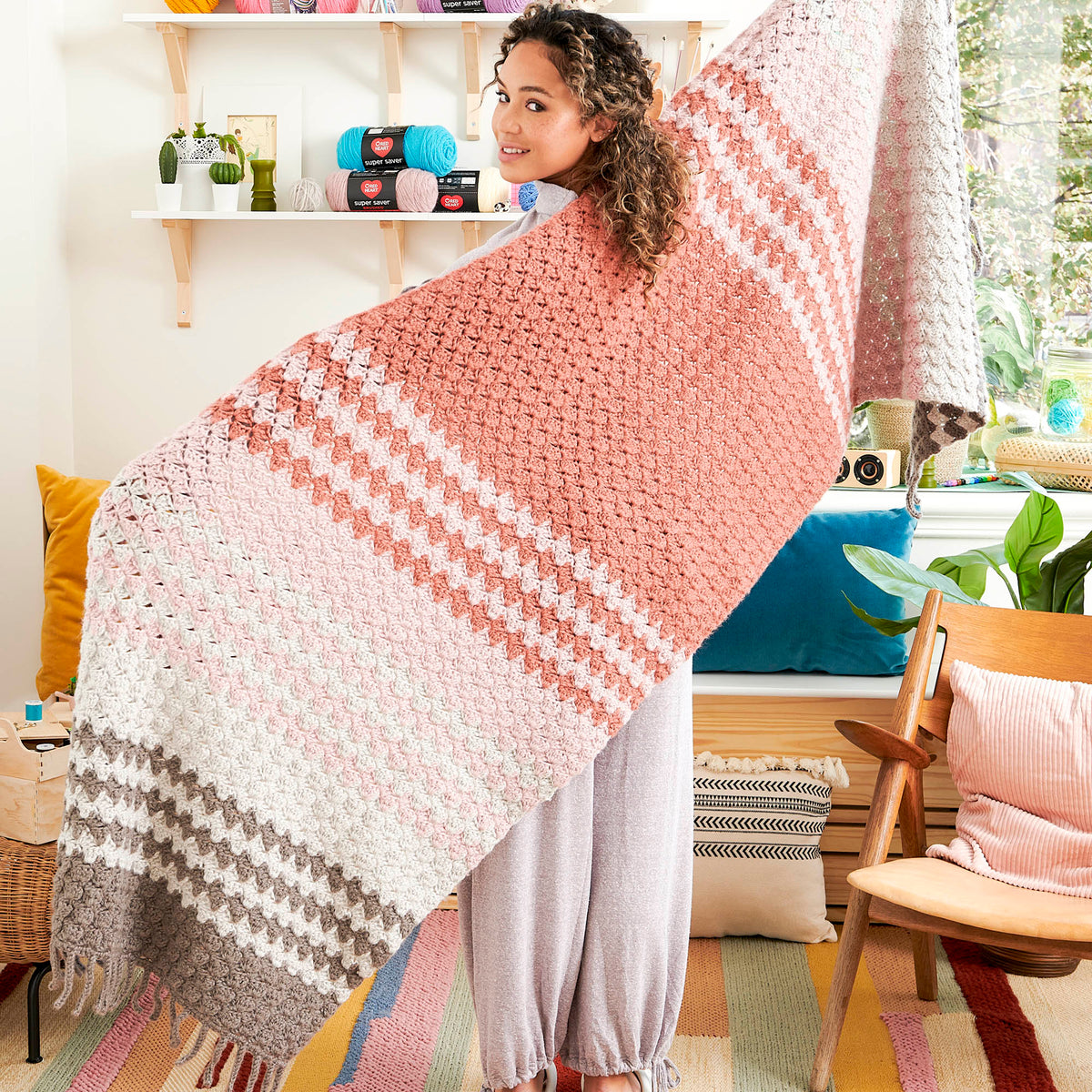 Softly Striped Crochet Wrap made using Red Heart yarn