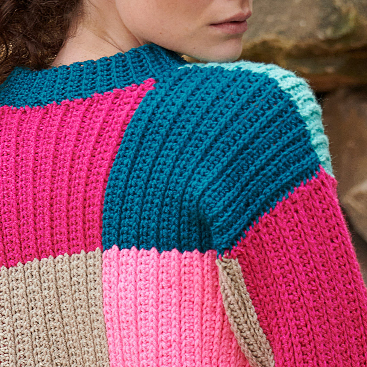 Super Saver Blocks In Colors Crochet Pullover made using Red Heart yarn