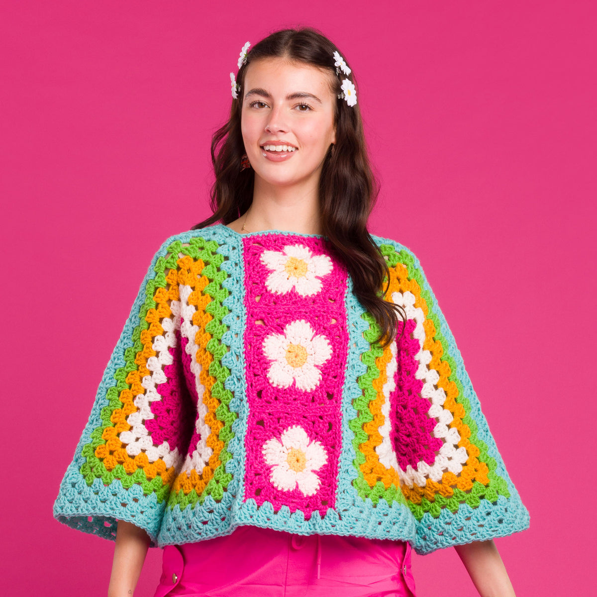 Blooming Hexi Crochet Pullover made using Red Heart yarn