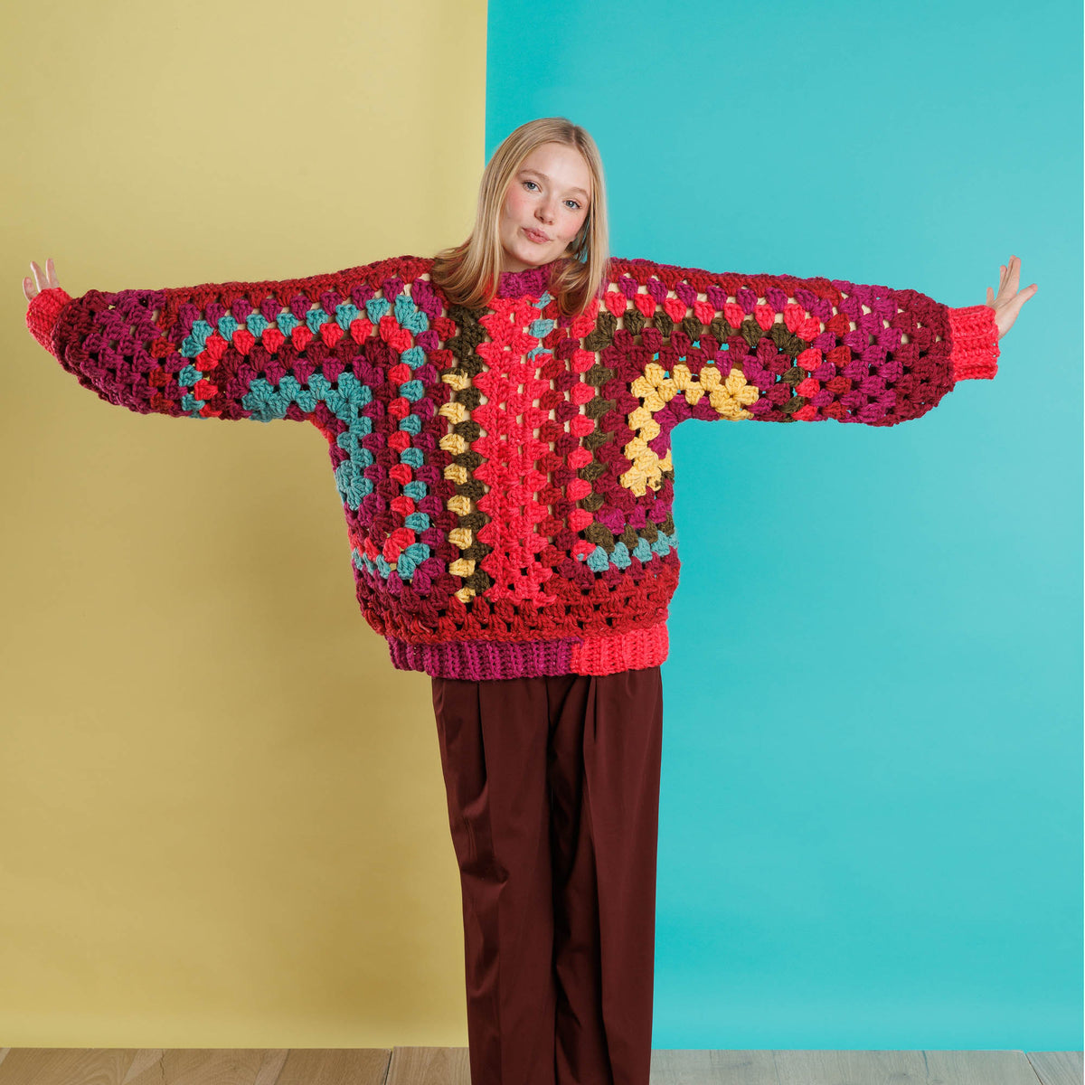 Love My Crochet Hexi Colorful Pullover made using Red Heart yarn