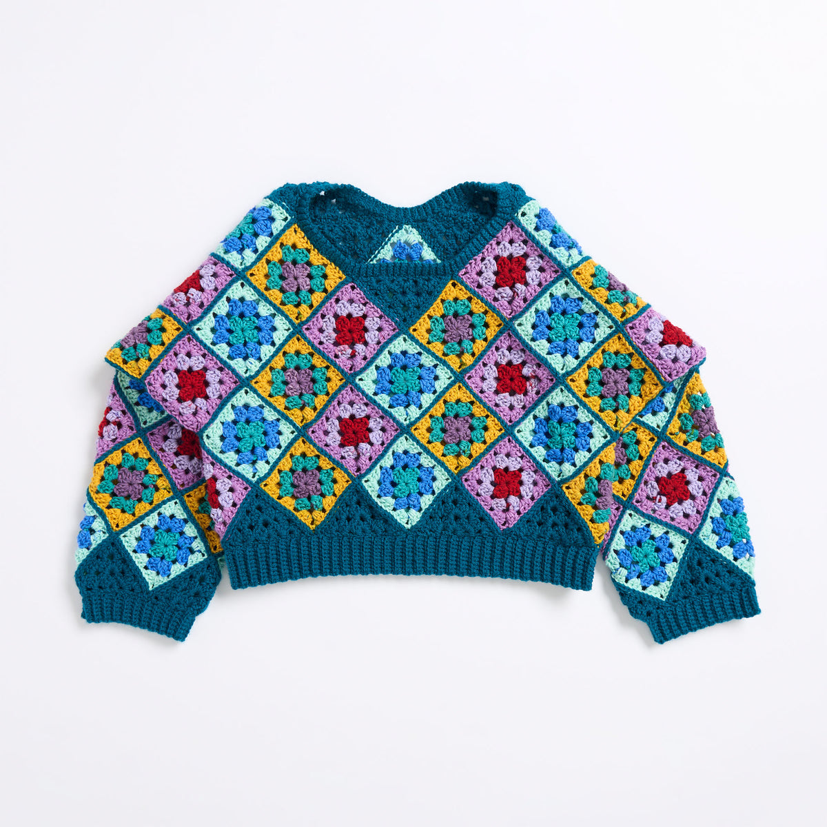 Grannies On-A-Bias Crochet Pullover made using Red Heart yarn
