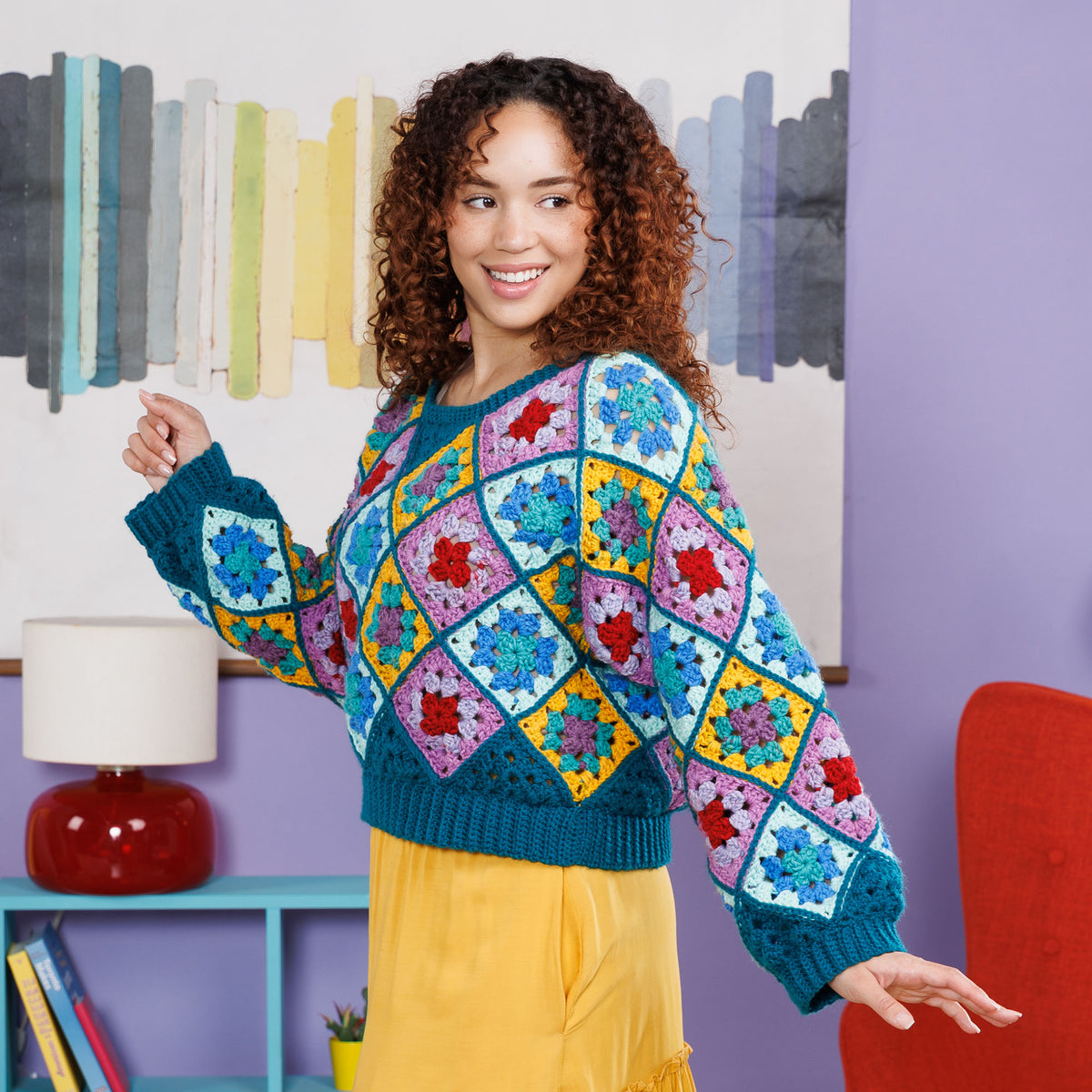 Grannies On-A-Bias Crochet Pullover made using Red Heart yarn
