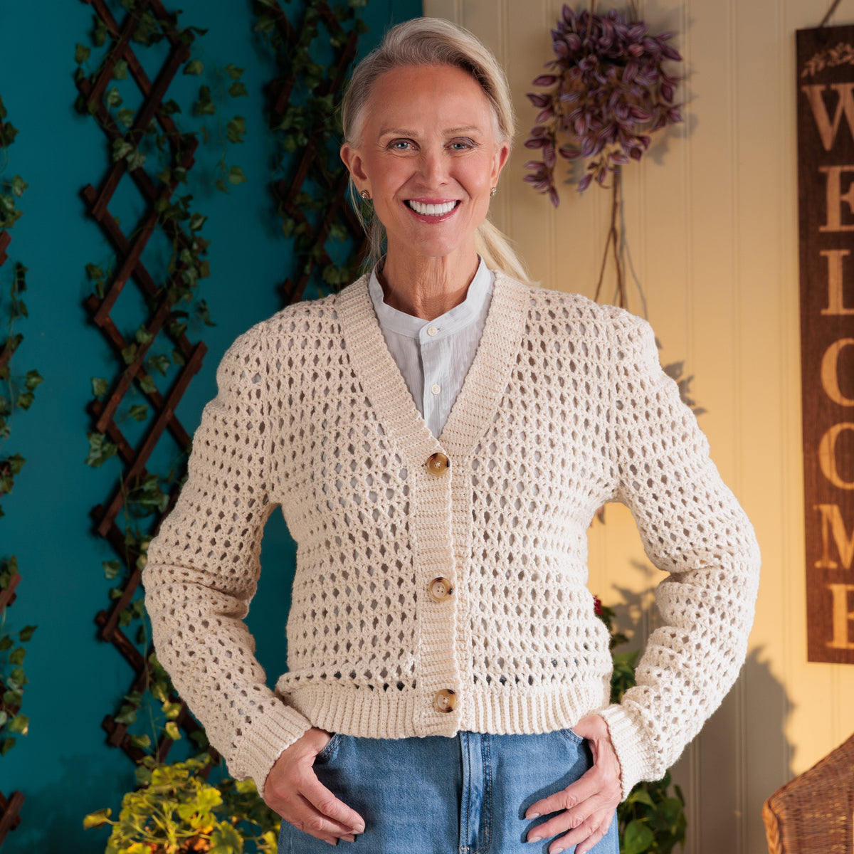 Mesh-Mellow Crochet Cardigan made using Red Heart yarn