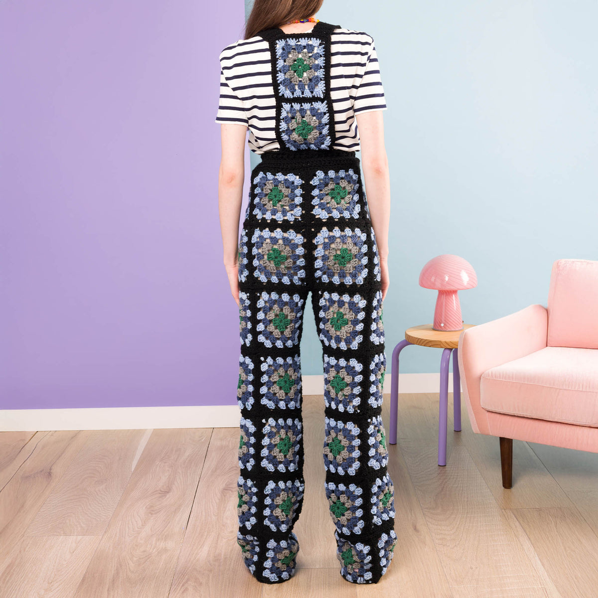 Crochet Granny Square Overalls made using Red Heart yarn