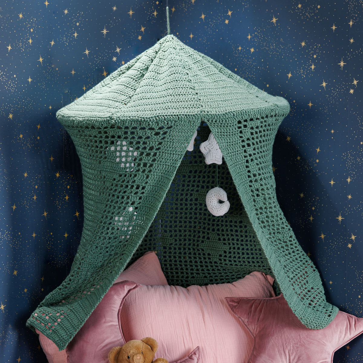 Crochet Constellation Canopy made using Red Heart yarn