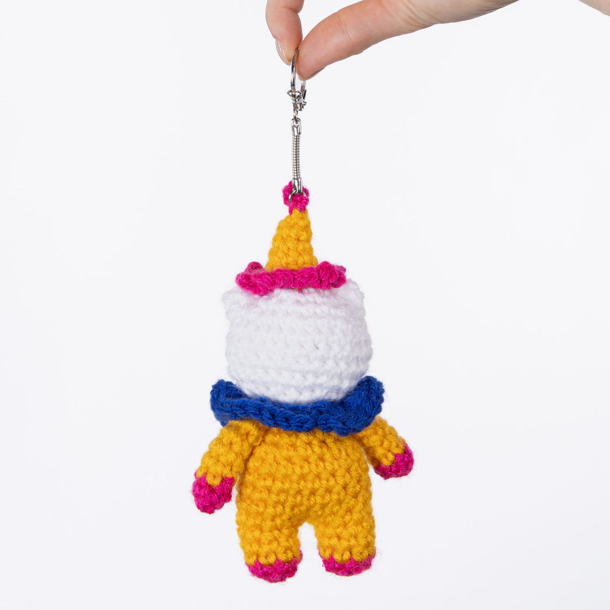 Cobbles The Cat Clown Crochet Charm made using Red Heart yarn