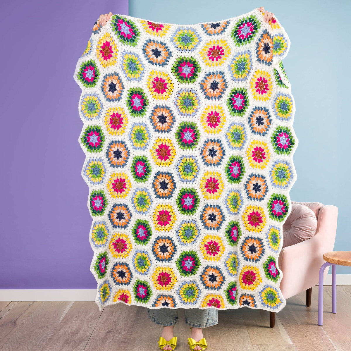 Hexagon Granny Crochet Blanket made using Red Heart yarn