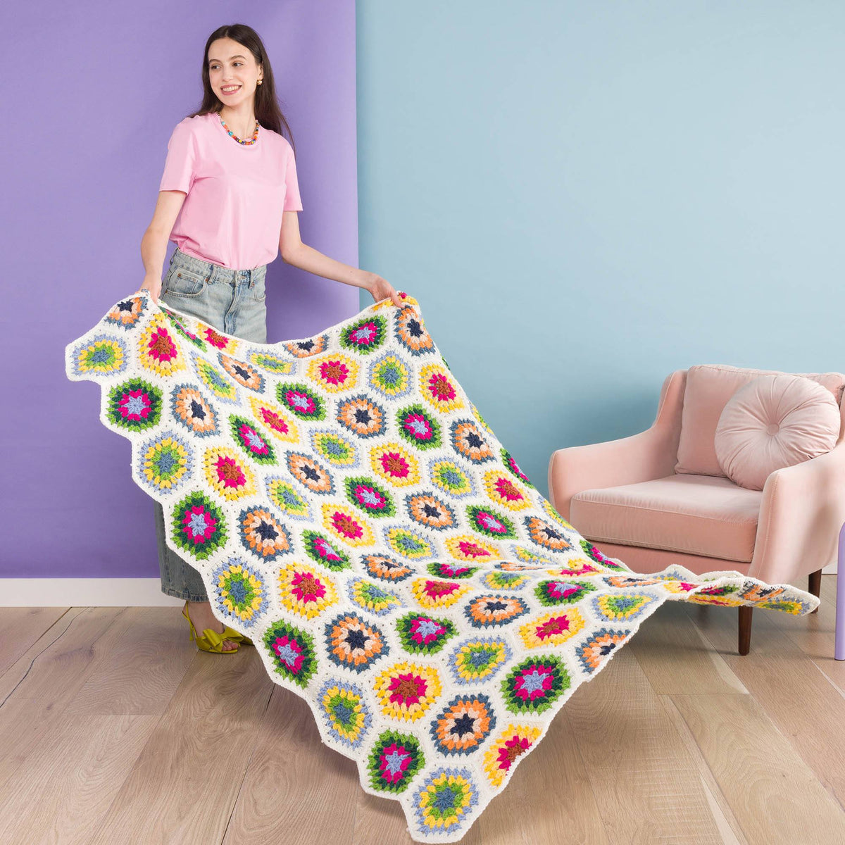 Hexagon Granny Crochet Blanket made using Red Heart yarn