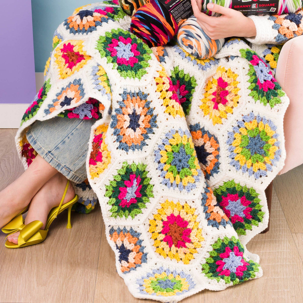 Hexagon Granny Crochet Blanket made using Red Heart yarn