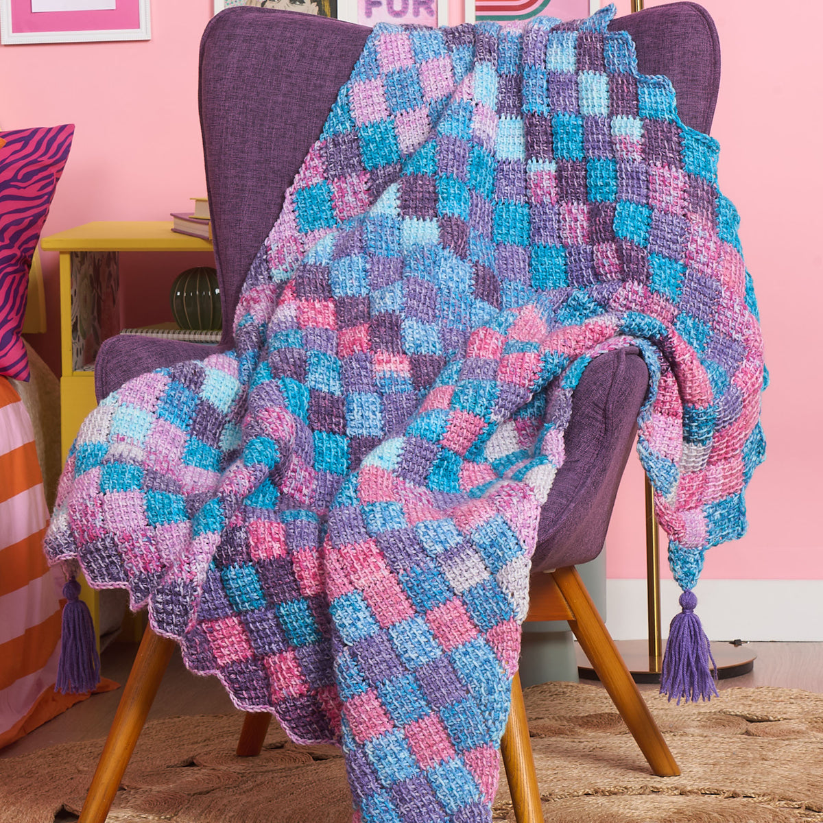 Entrelac Crochet Big Bitty Blanket made using Red Heart yarn