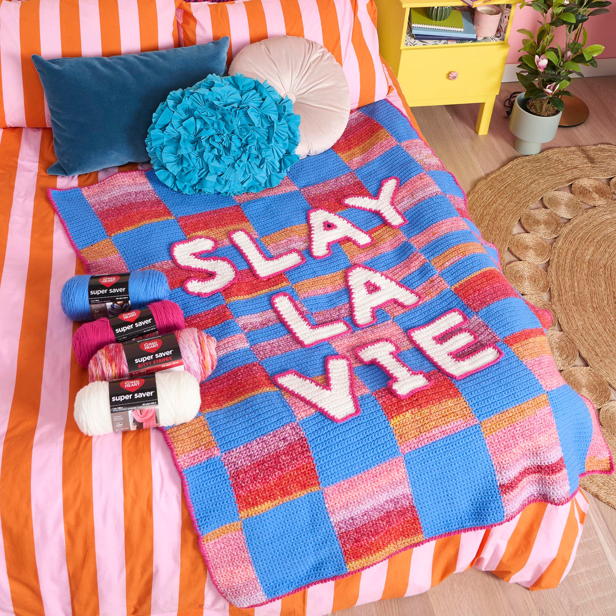 Crochet Check My Text Blanket made using Red Heart yarn
