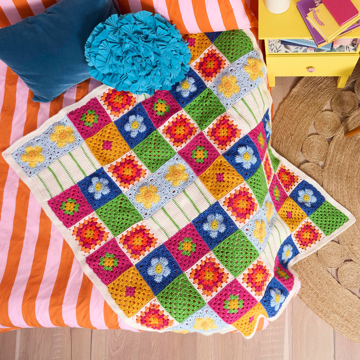 Crochet Garden Patch Blanket made using Red Heart yarn