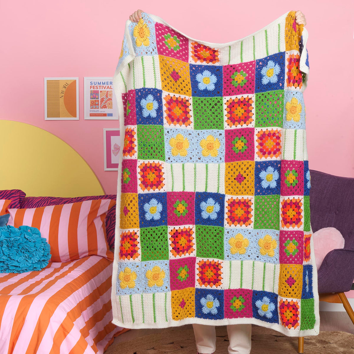 Crochet Garden Patch Blanket made using Red Heart yarn