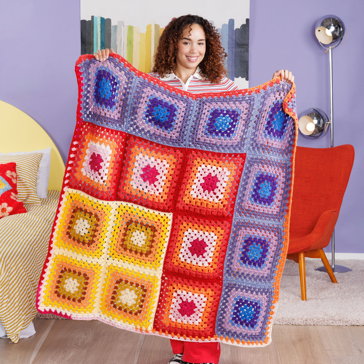 Crochet Sunset Corner Blanket made using Red Heart yarn