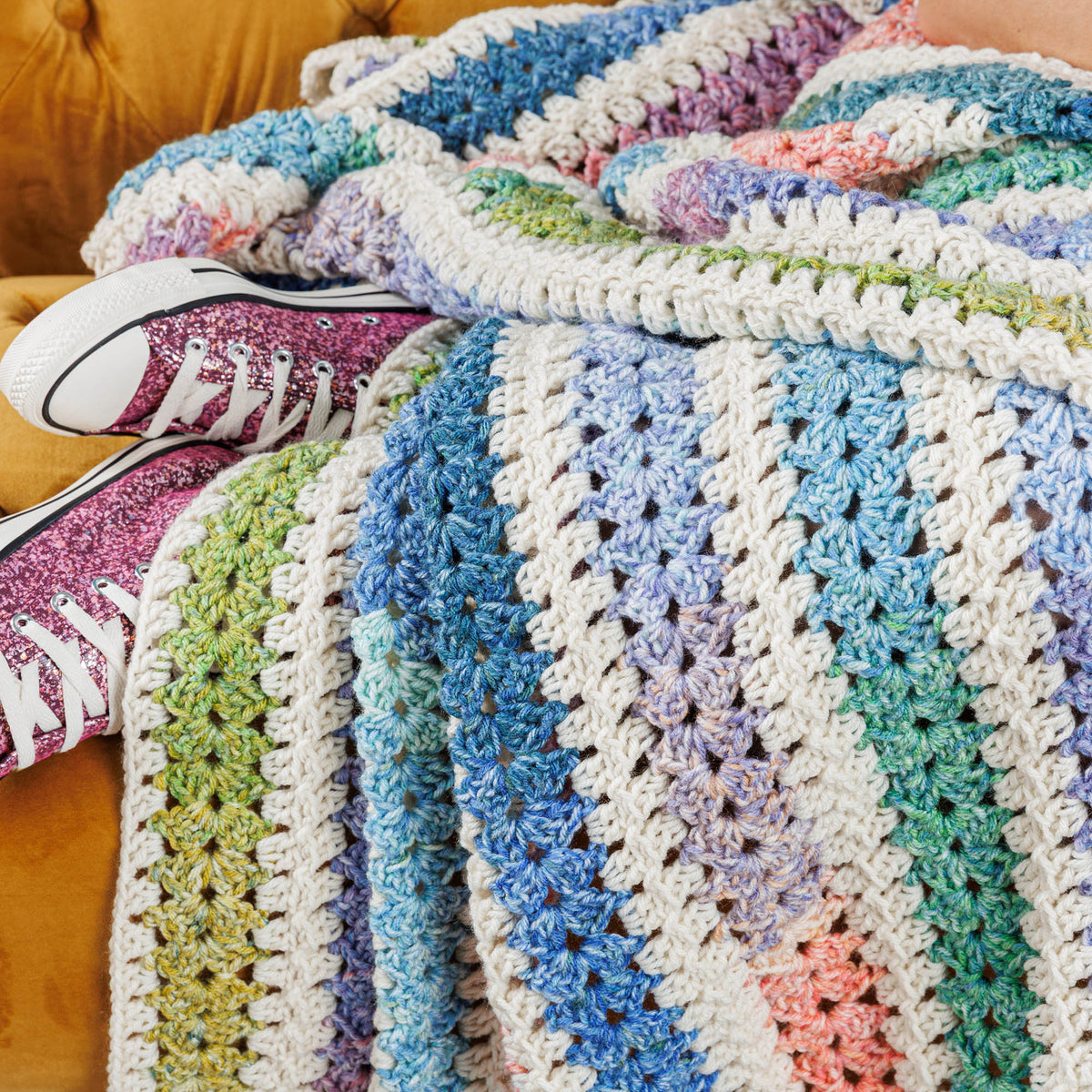 Zippy Strips Crochet Blanket made using Red Heart yarn