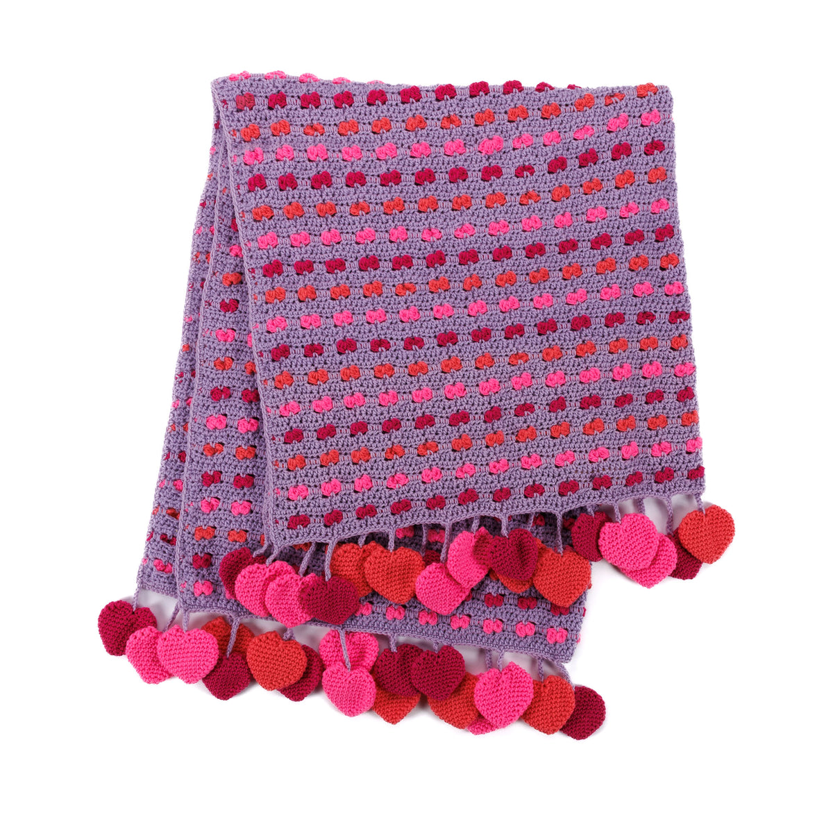 Love Crochet Blanket made using Red Heart yarn on a white background