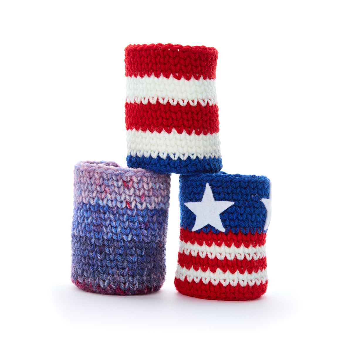Years Of History Crochet Can Cozies made using Red Heart yarn