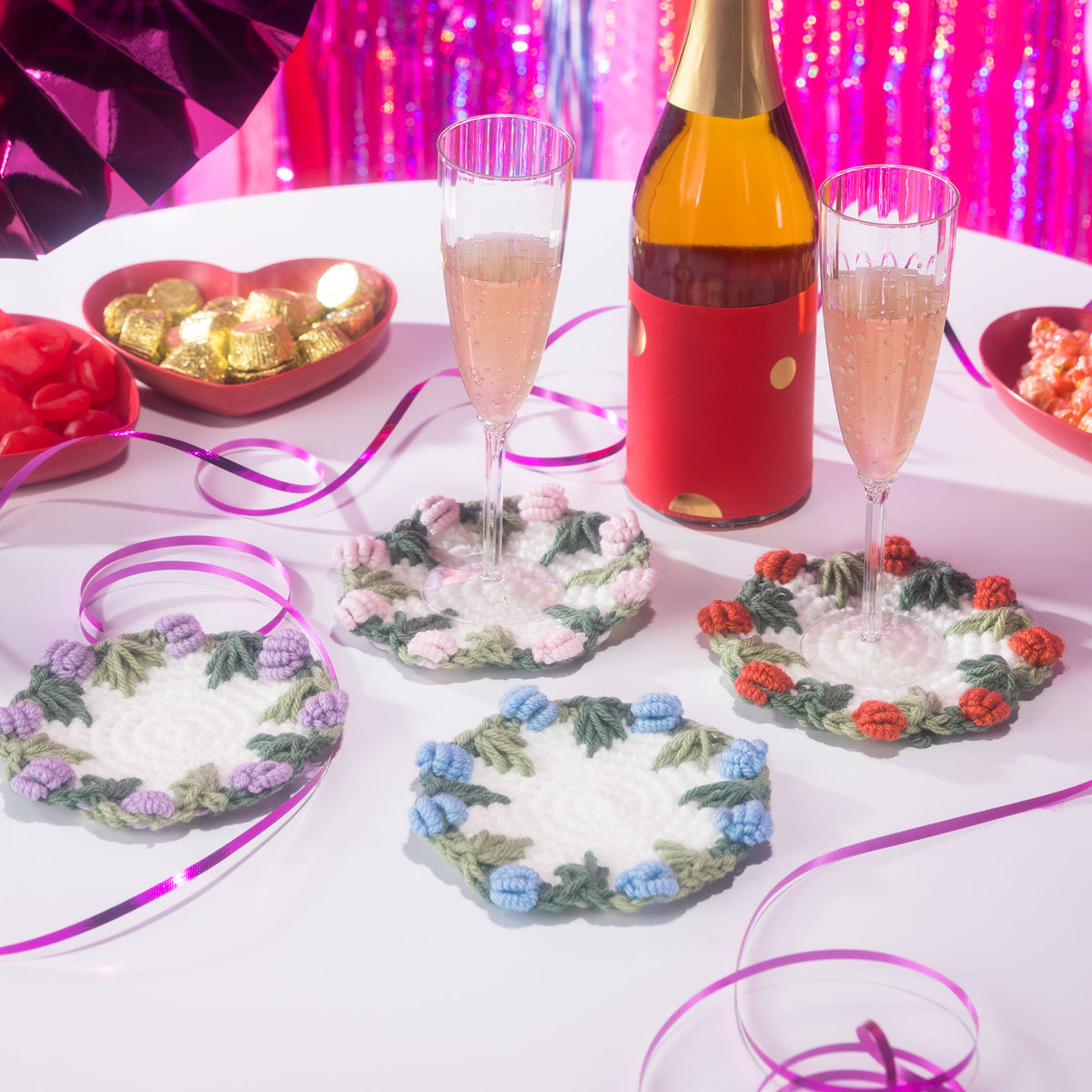 Bunch Of Flowers Crochet Table Set made using Red Heart yarn