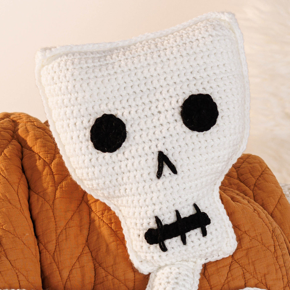 Crochet Mr. Bones Skeleton Pillow made using Red Heart yarn