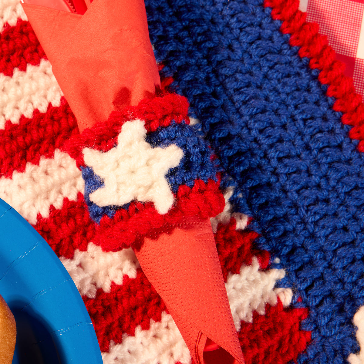 Years Of History Crochet Patio Set made using Red Heart yarn in a styled lifestyle setting