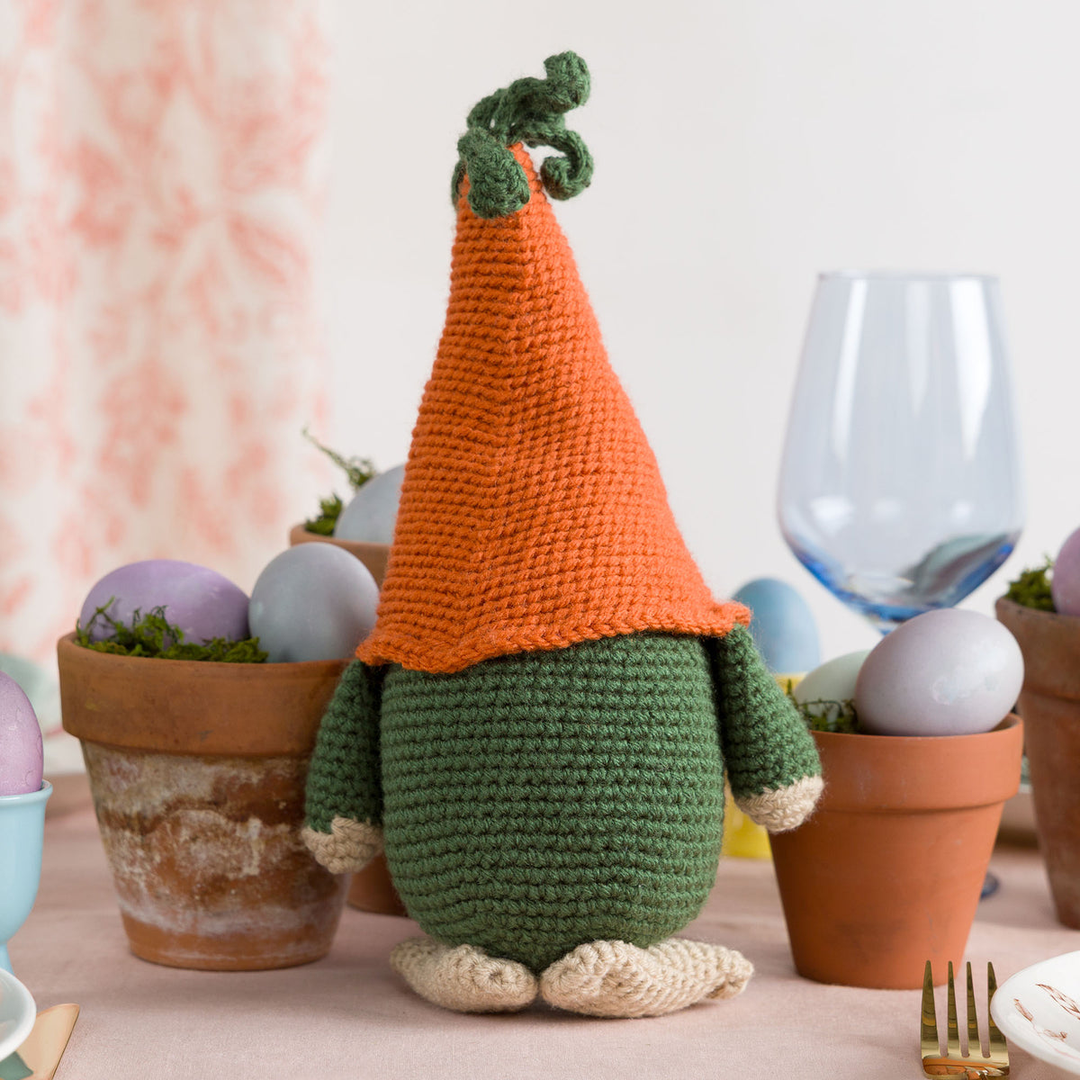 Crochet Carrot Gnome made using Red Heart yarn