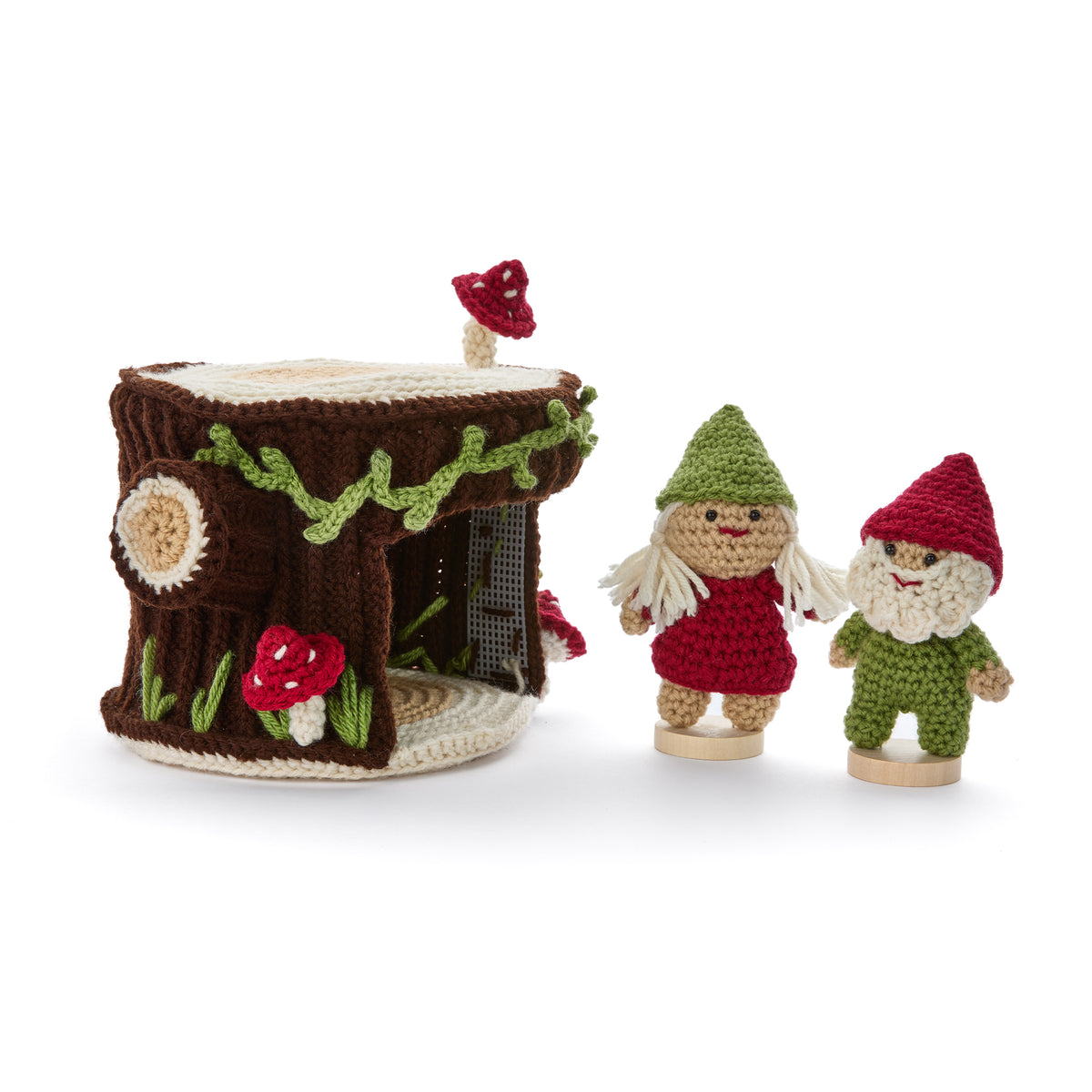 Crochet Gnomes With A Little Stump House made using Red Heart yarn on a white background