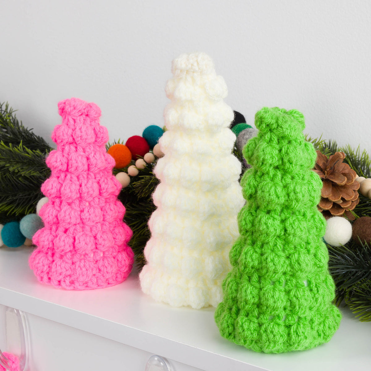 Crochet Bobble Holiday Trees made using Red Heart yarn