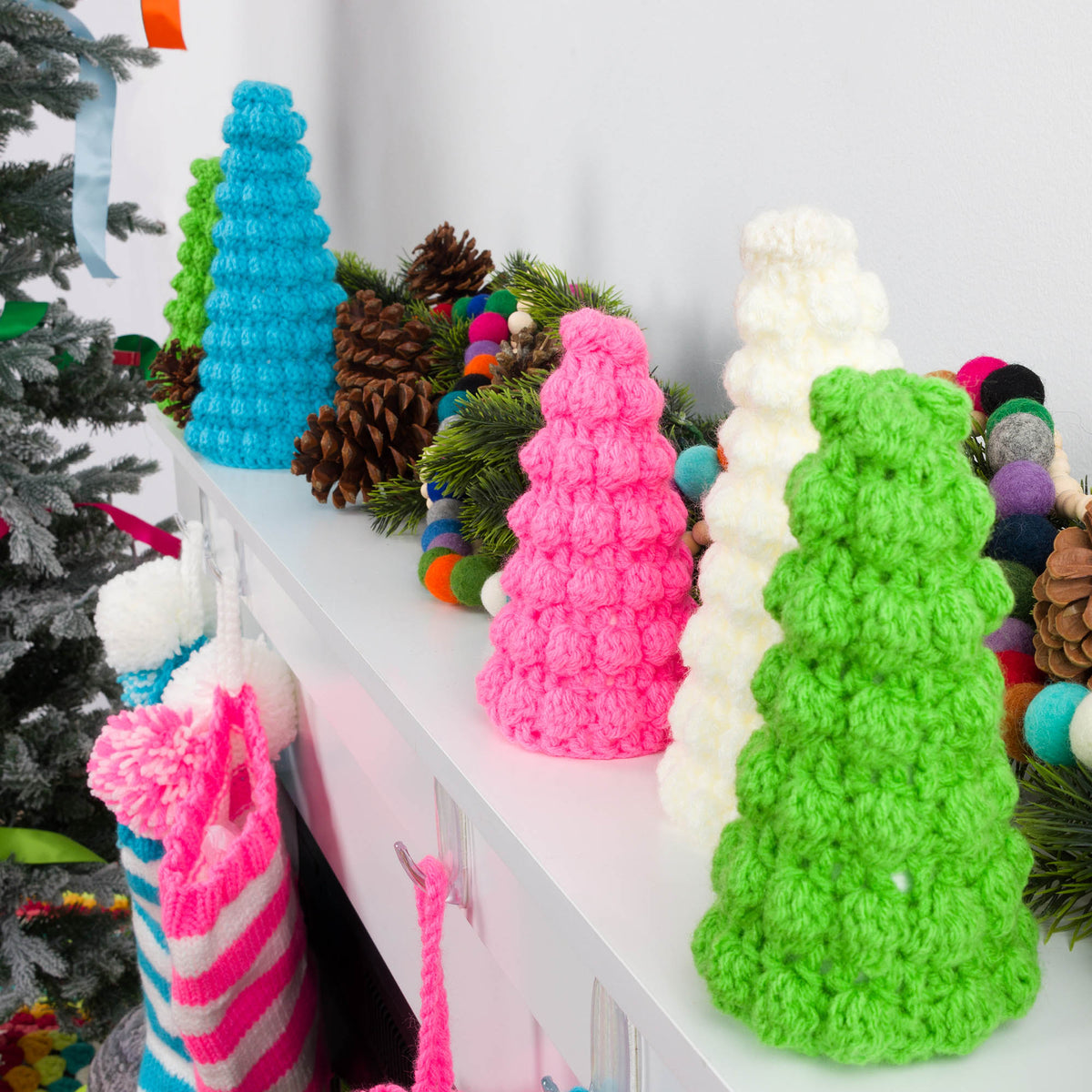 Crochet Bobble Holiday Trees made using Red Heart yarn