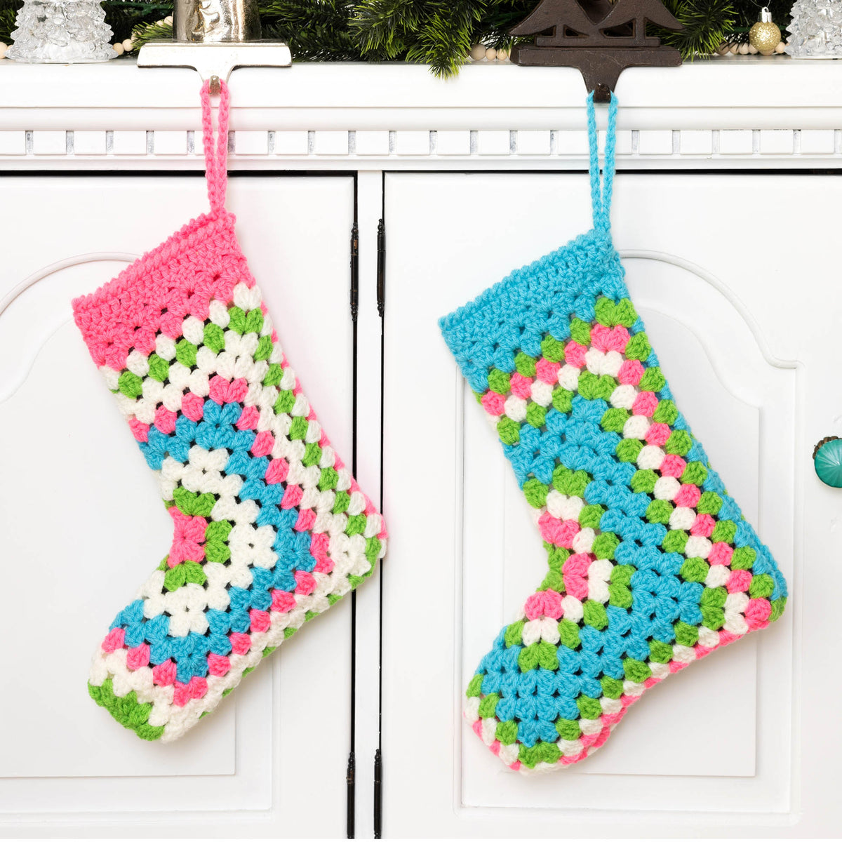 Crochet Hexi Christmas Stocking made using Red Heart yarn