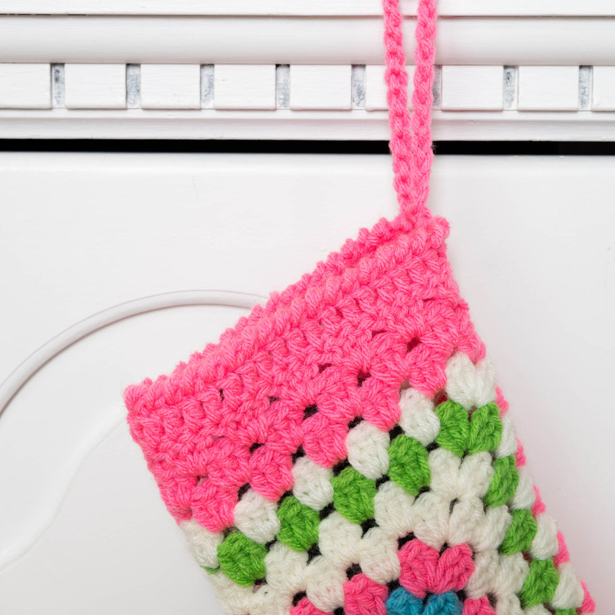 Crochet Hexi Christmas Stocking made using Red Heart yarn