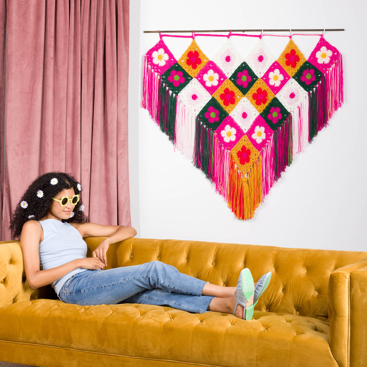 Flower Power Crochet Wall Hanging made using Red Heart yarn