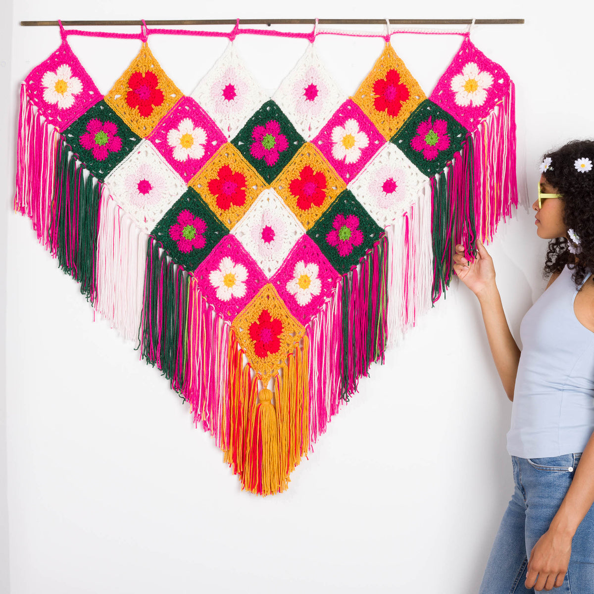 Flower Power Crochet Wall Hanging made using Red Heart yarn