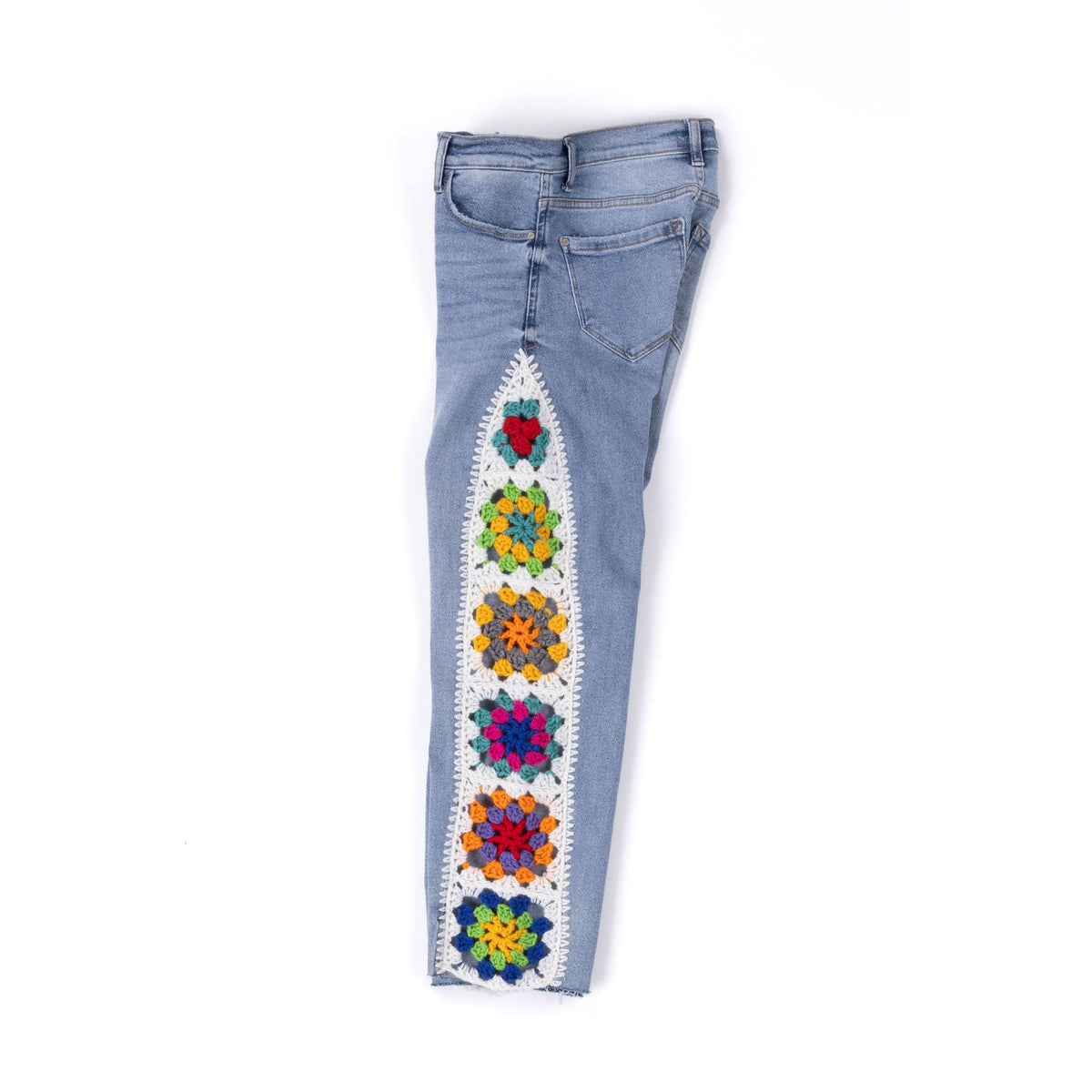 Crochet Upcycled Denim Jeans made using Red Heart yarn
