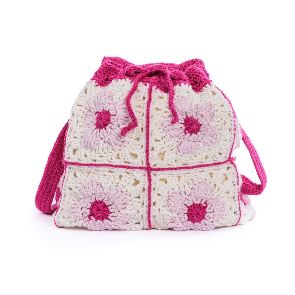 Crochet Flower Power Backpack made using Red Heart yarn